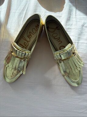 Sam Edelman Metallic Gold Fringe Kiltie Loafers